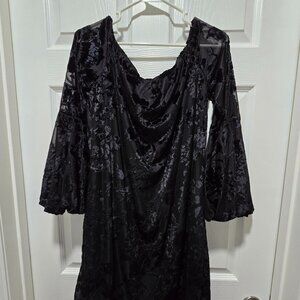 Ladies Dress/ Top Blouse Black Velvet Burnout Bell Sleeve Dark Fairy Whimsigoth